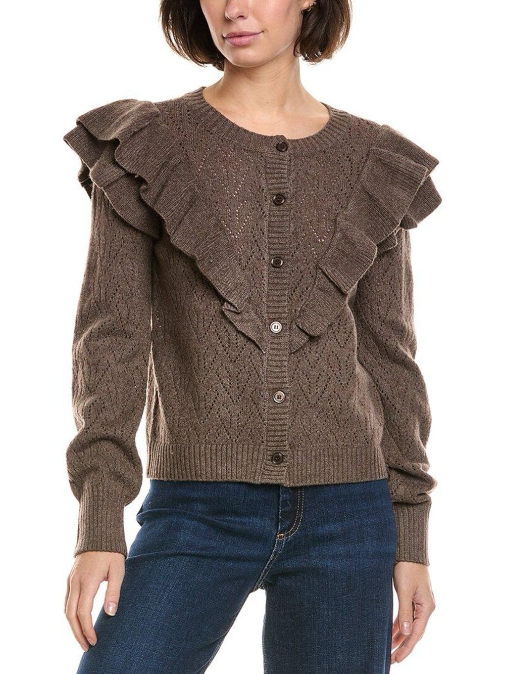 Bagatelle Collection NWT Brown Ruffled Button-Down Cardigan Size M Open Knit
